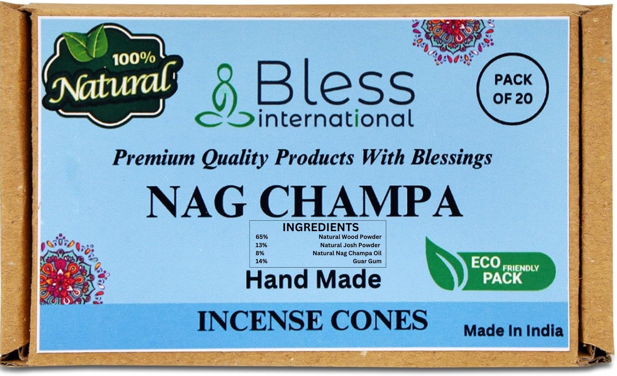 Bless-International Nag Champa 100%-Natural-Incense-Cones Handmade-Hand-Dipped Organic-Chemicals-Free for-Purification-Relaxation-Positivity-Yoga-Meditation The-Best-scents (20 Count)