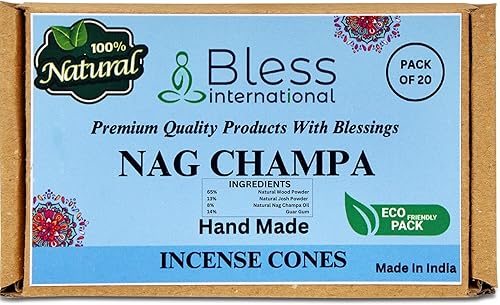 Bless-International Nag Champa 100% - Conos de incienso naturales hechos a mano, sumergidos a mano, orgánicos, sin productos químicos para