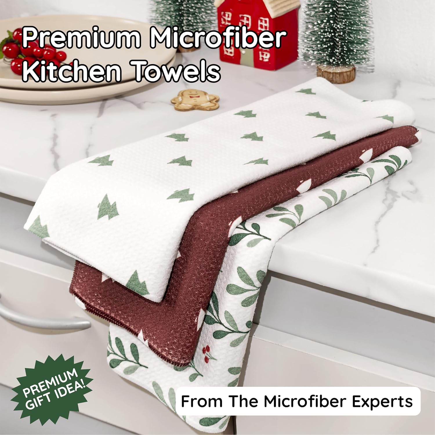 Christmas Kitchen Towels Set of 3 Mistletowed – Microfiber Waffle Weave Dish Towels 16x24, Super Absorbent & Lint-Free Holiday Kitchen Towels for Drying, Cleaning & Christmas Décor