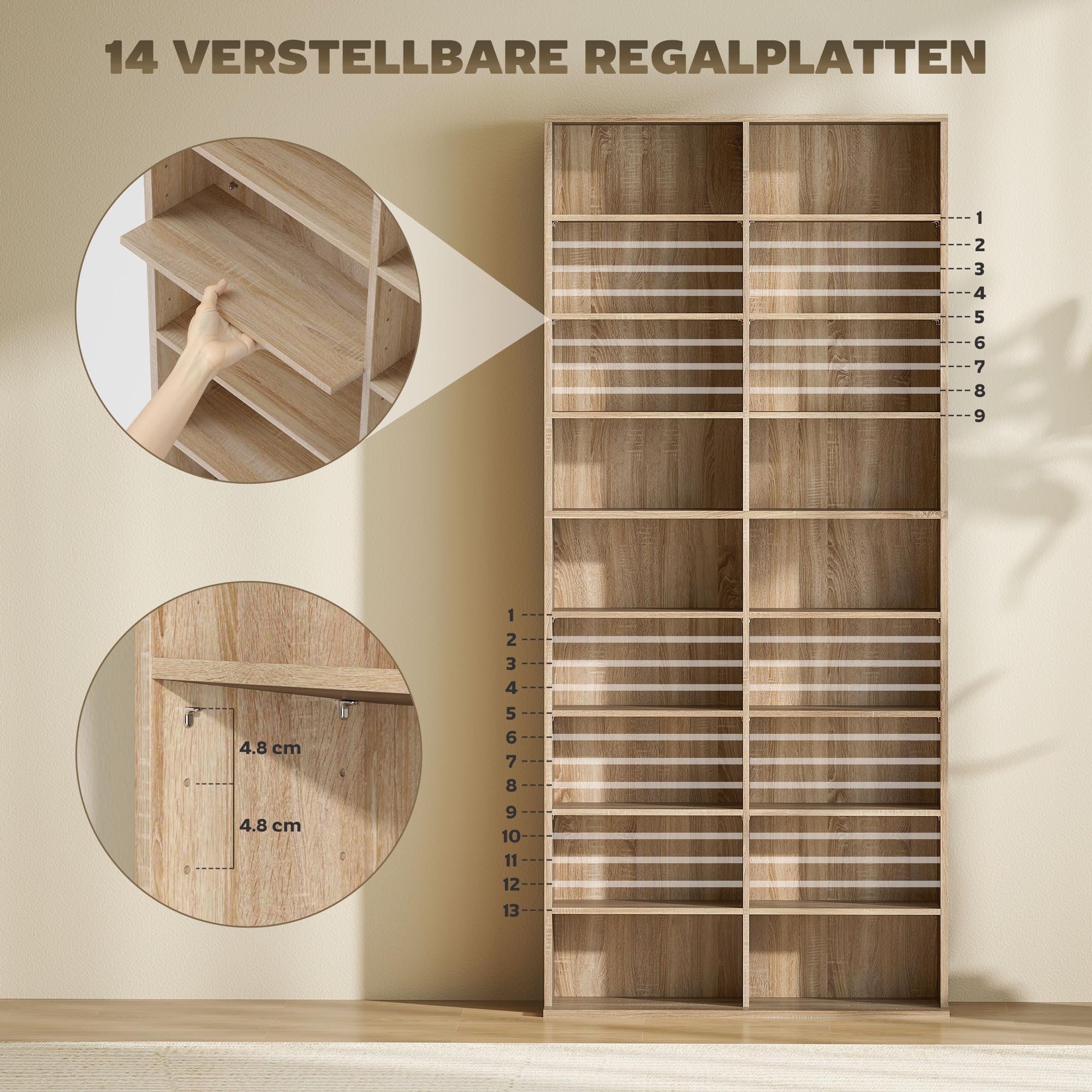 HOMCOM Estantería para CD, DVD y Blu-ray, capacidad para hasta 640 CD, 360 DVD o 430 Blu-rays, estantes ajustables, estantería para salón, 78,5 x 24 x 175 cm, madera natural