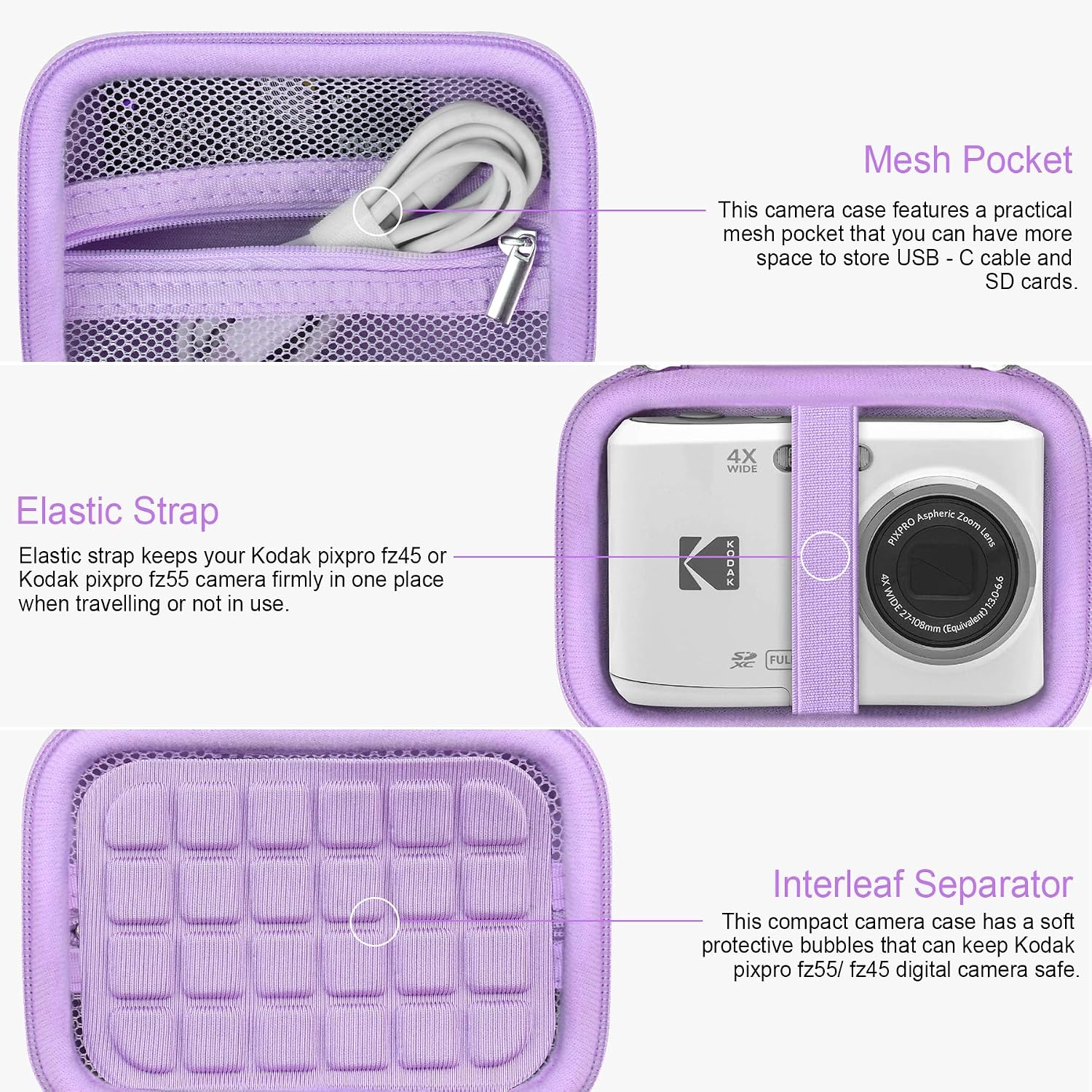 RAIALL Hard Carrying Case for Kodak PIXPRO FZ55/FZ45 Digital Camera, Protective Travel Camera Bag with Mesh Pocket for USB Cables, Batteries & Accessories, Purple image 4