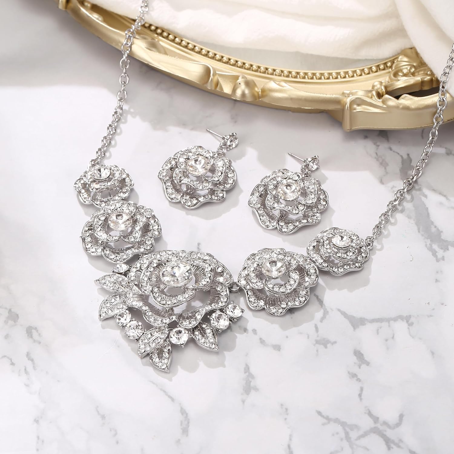 BriLove Gorgeous Stunning Crystal Layer Flower Cluster Statement Necklace Dangle Earrings Jewelry Set for Women Bridal Bridesmaid - Image 3