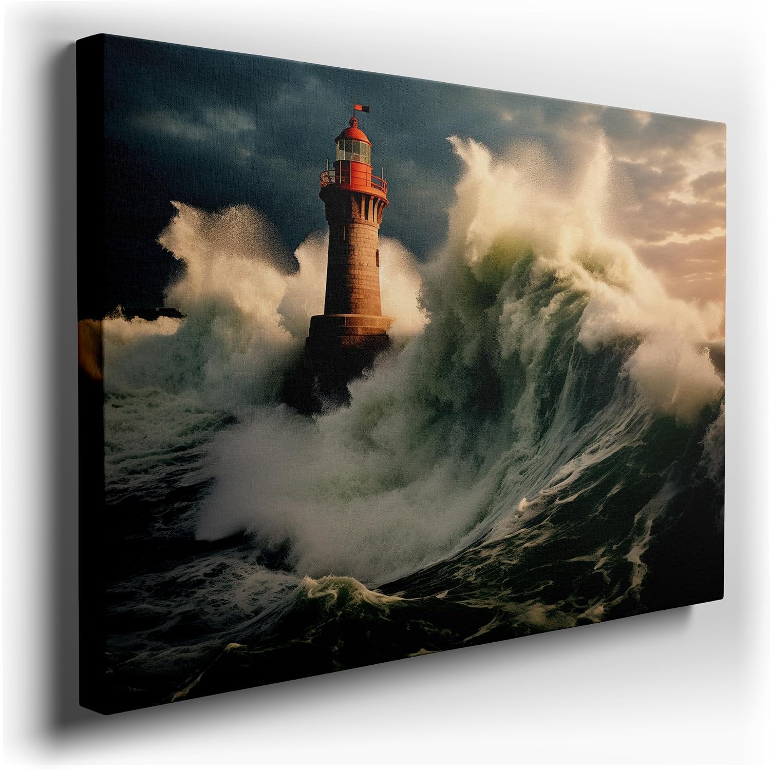 Canvas for Living room. Lighthouse in the Tempest � A Beacon Against the Fury of the Sea, 27 x 18 inch Canvas Wall Art - Clouds - Modern Home Decor