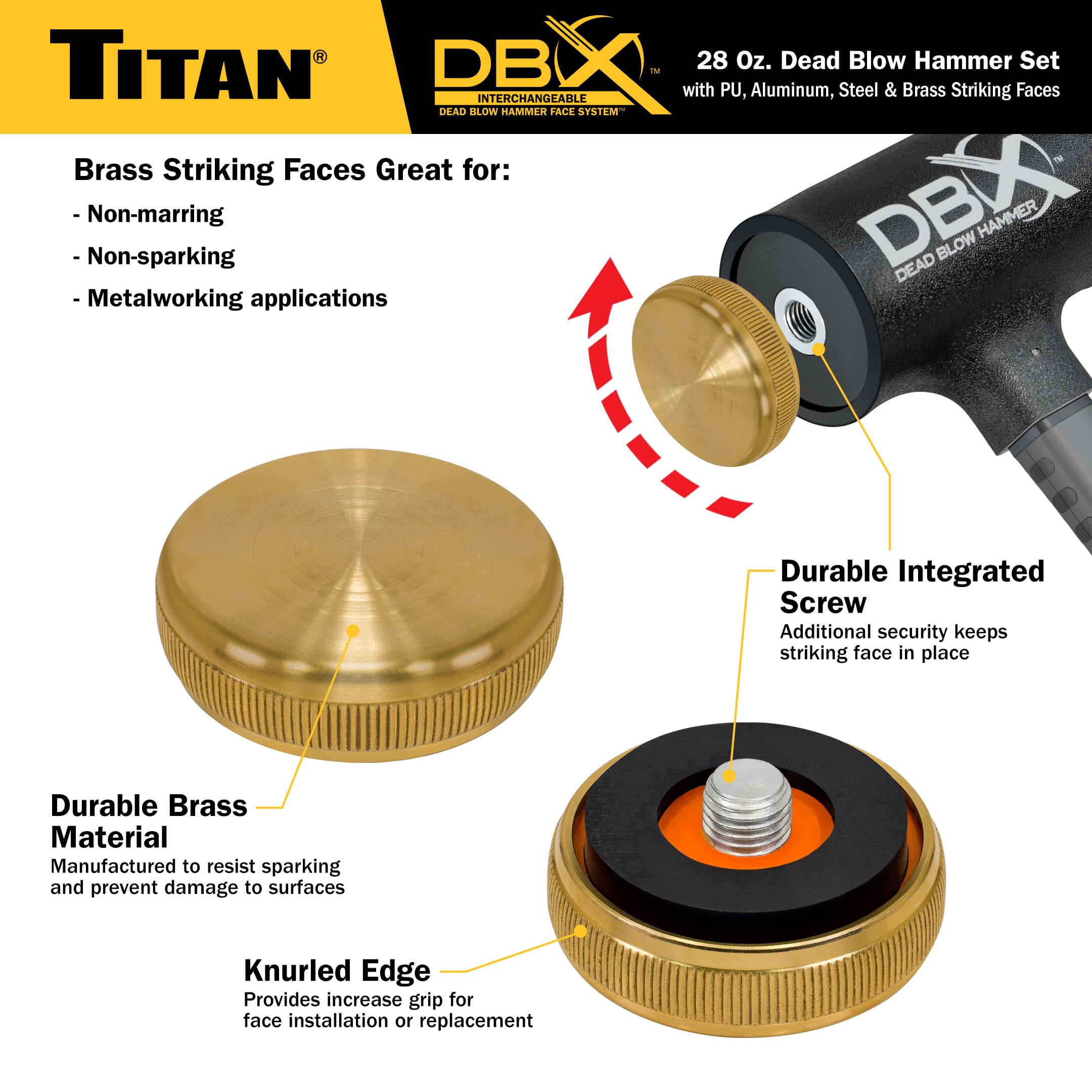Titan DBX 63634 - Juego de martillo de soplado muerto de 28 onzas con caras intercambiables de poliuretano, acero, aluminio y latón