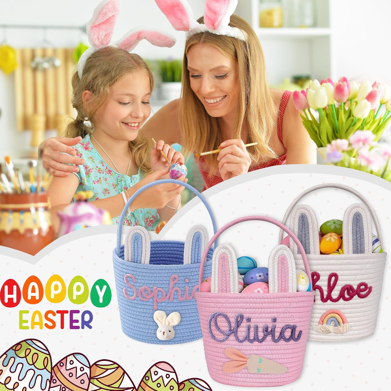Personalized Easter Basket Custom Woven Egg Hunt Bag with Name | Cotton Rope Tote for Girls Boys Baby First Easter Gift | Medium Storage Bin