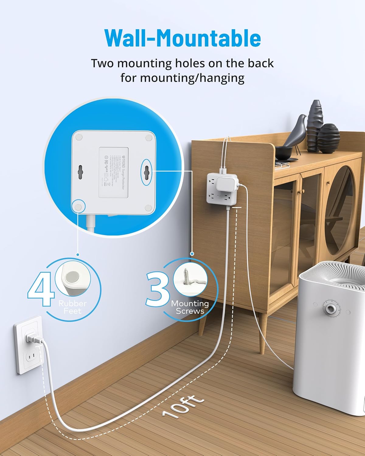 Two Prong Power Strip 10ft: TROND 3 Prong to 2 Prong Outlet Adapter Polarized Extension Cord with 4 USB Ports(1 USB C Charger) & 4 Widely Spaced Outlets 1440J Surge Protector for Old House White