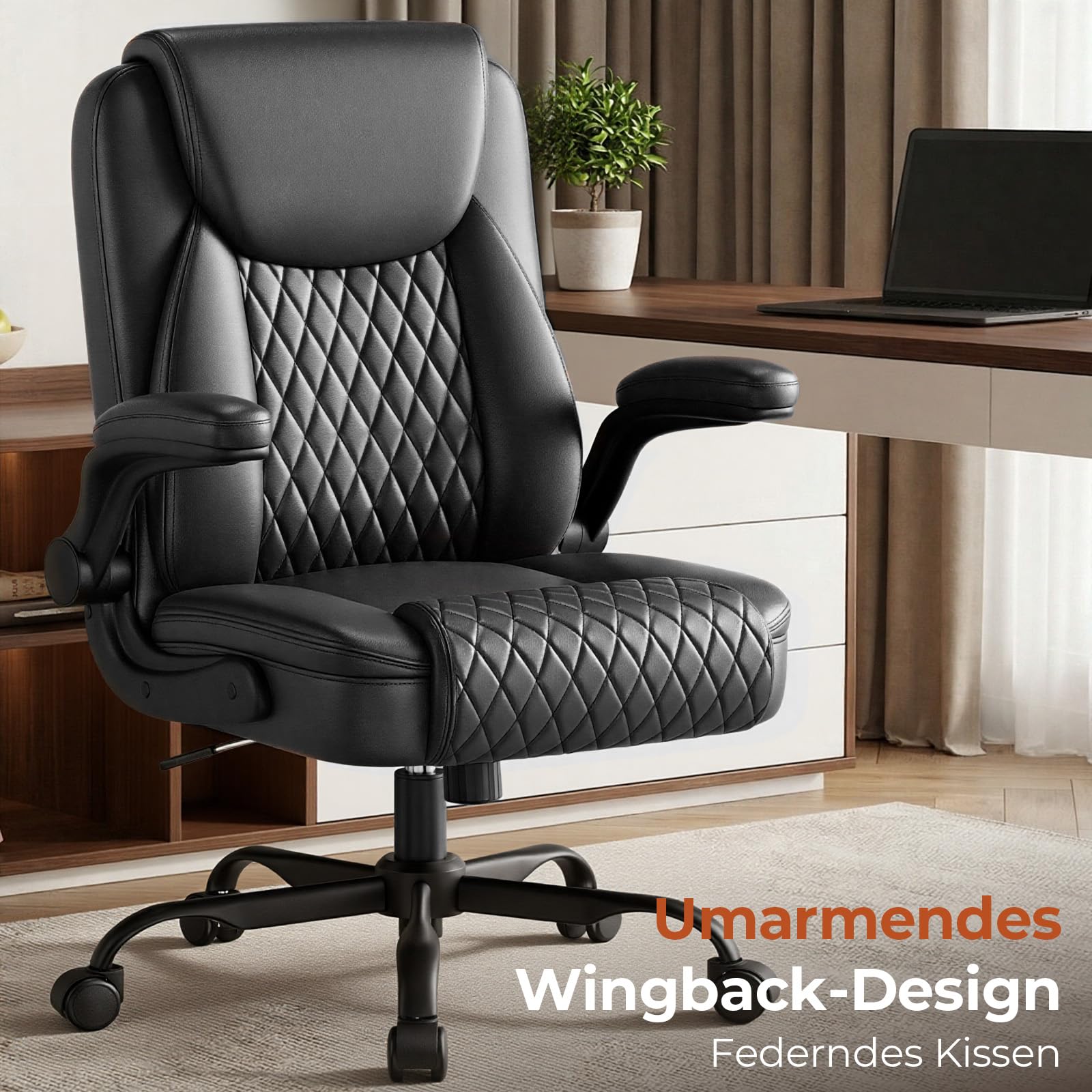 GTPLAYER Bürostuhl Ergonomisch, Schreibtischstuhl, Chefsessel mit Hoher Rückenlehne, Hochklappbaren Armlehnen, Höhenverstellbar, PU-Leder, Extra Breiter Sitz, für Büro & Homeoffice, Schwarz