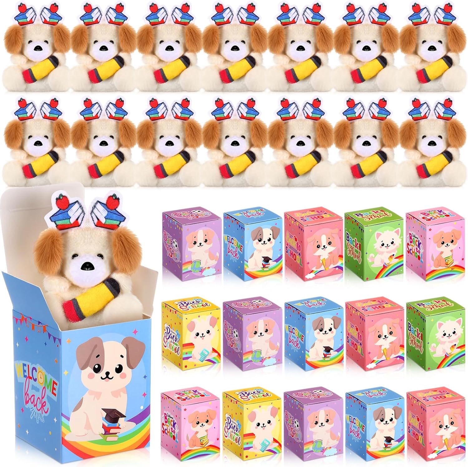 Blueweenly 24 Pcs Welcome Back to School Gifts for Students Bulk Mini Puppy Stuffed Animal Keychains Plush Little Dog with Box for First Day of School Kindergarten Gift Goodie Bag Fillers(Puppy)