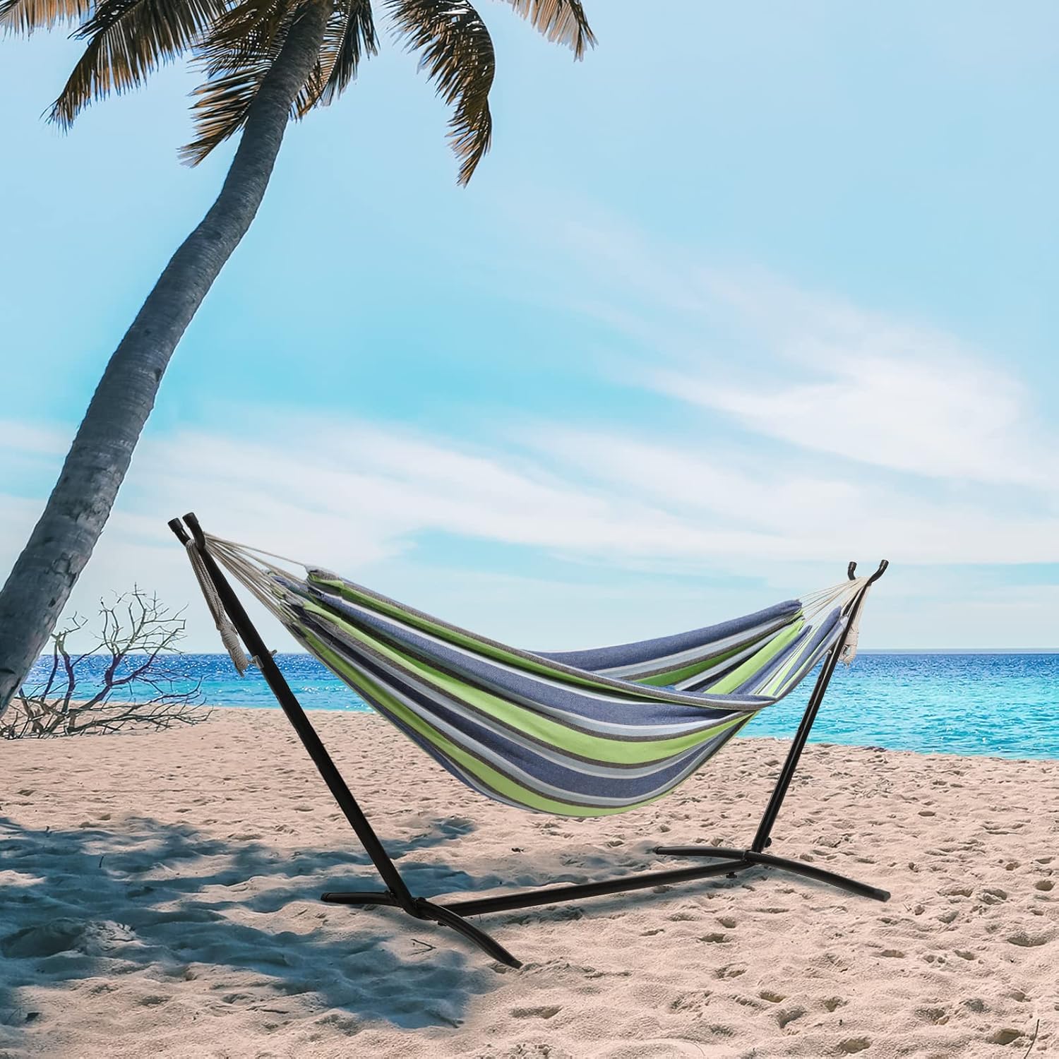 SUPERJARE Hammock with Stand, 2 Person Heavy Duty Hammock Frame, 450lbs Capacity, Hammock for Outside, Portable Hammock with Carrying Bag, for Beach, Camping, Backyard - Blue/Green
