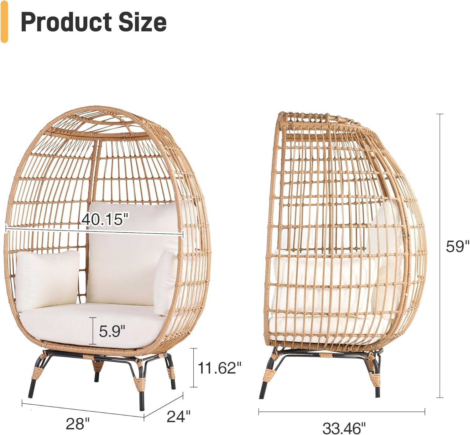 Outdoor Egg Chair, PE Wicker Chair 440 lbs Capacity, Patio Chairs with 4 Thicken Cushions, Oversized Lounge Chairs with Durable Steel Frame Perfect for Balcony, Backyard, Bedroom-Ivory