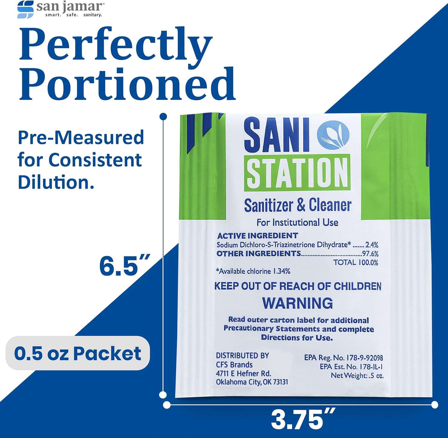 San Jamar Sani Station Sanitizer And Cleaner With Labels/test Strips, 0.5 Oz Packets, 100/carton