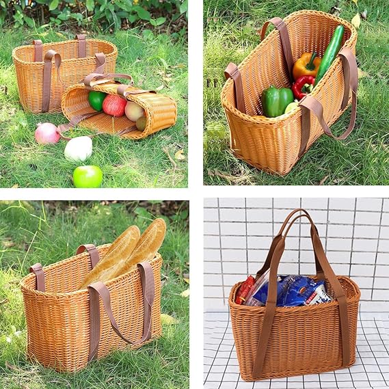 RT&BS Wicker Shopping Basket, Harvesting Baskets with Handle, Hand Woven Basket with Handle, Reusable Handwoven Baskets for Storage, Picnics, Organizing, Gathering Vegetables Fruits