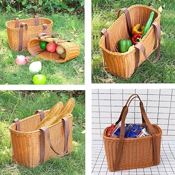 RT&BS Wicker Shopping Basket, Harvesting Baskets with Handle, Hand Woven Basket with Handle, Reusable Handwoven Baskets for Storage, Picnics, Organizing, Gathering Vegetables Fruits