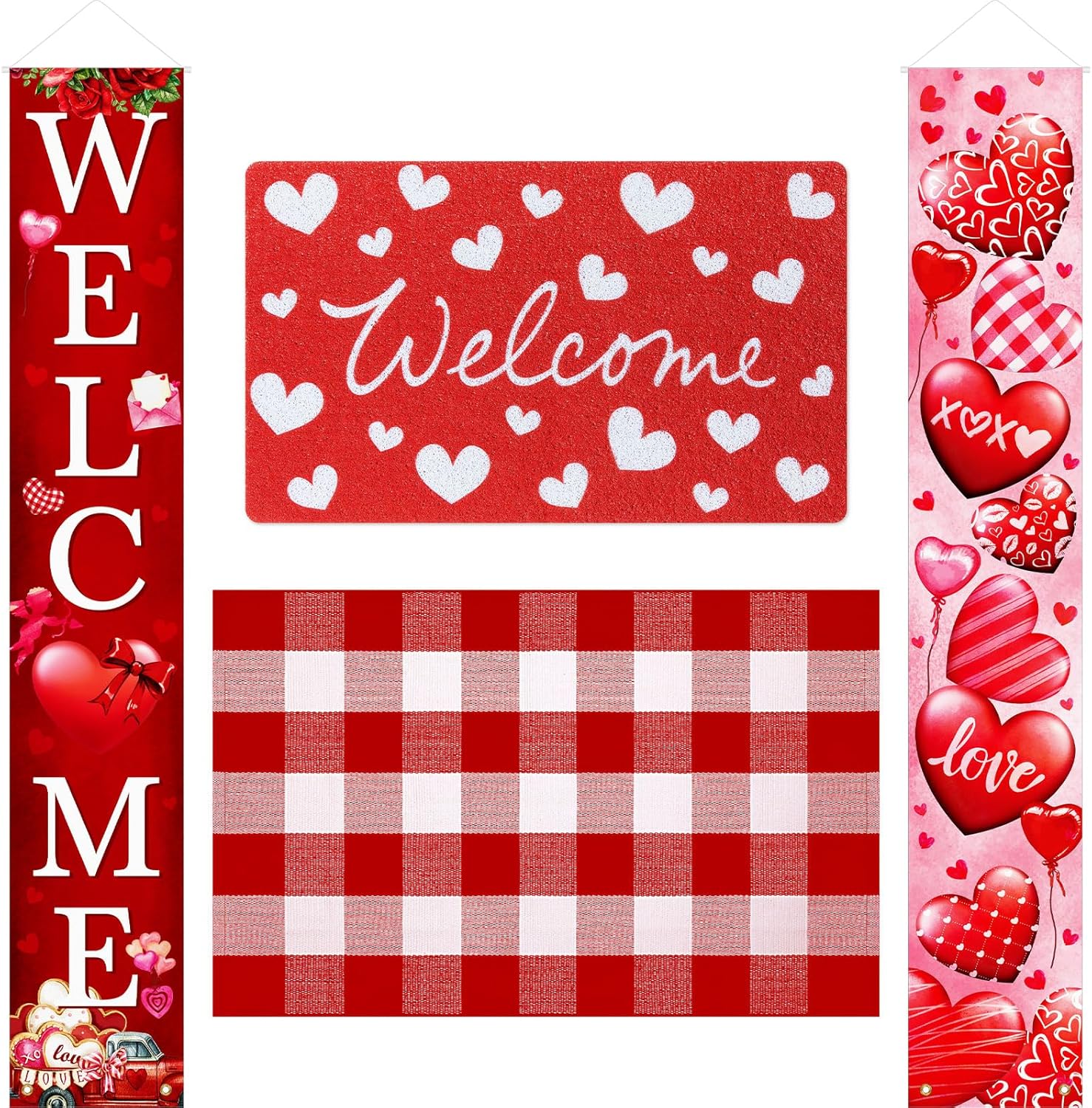 Hahafelt 3 Pcs Valentines Door Mat Front Door Non-Slip Heart Doormat Banner Set Buffalo Plaid Welcome Doormat for Indoor Outdoor Holiday Decoration, Entryway Porch Decor