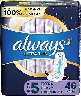 Always, Ultra Thin Pads For Women, Size 5, Extra Heavy Overnight Absorbency With Wings, 46 Count