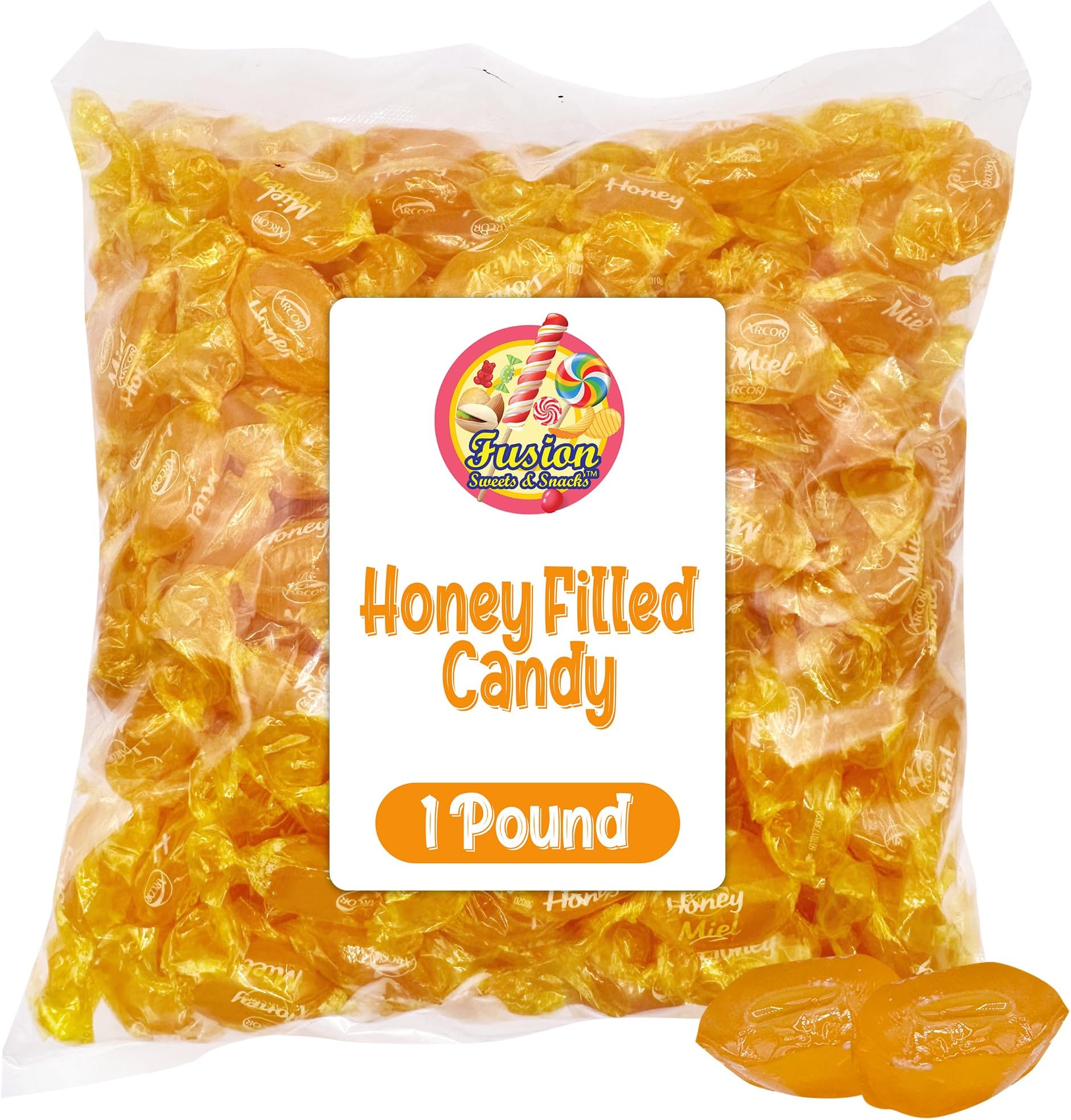 Honey Filled Hard Candy - Individually Wrapped Honey Hard Candy - 1 Pound Bulk Bag (Approx. 90 Pieces) - Soft Honey Center