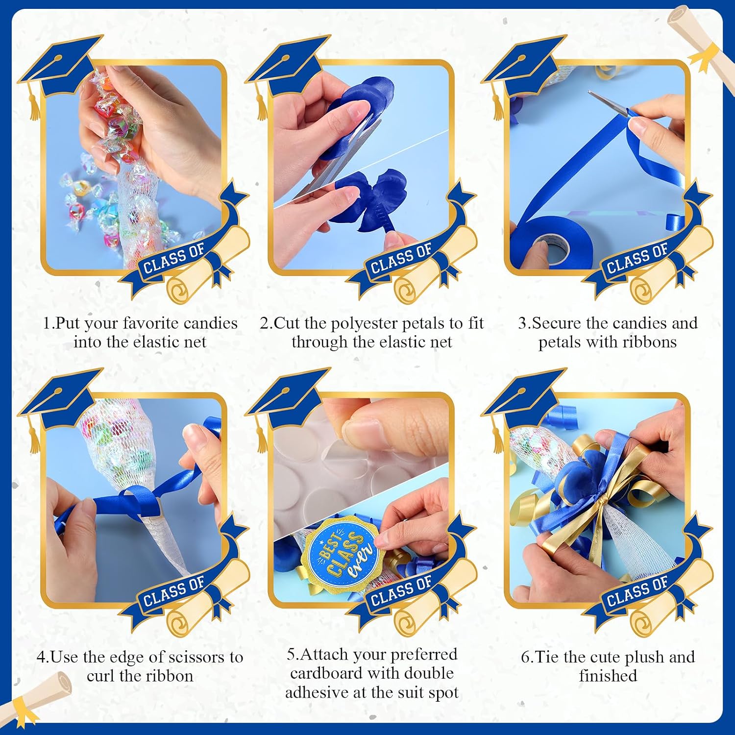 RoundFunny Blue Gold 99 Pcs Graduation Leis 2026 Candy Ribbon Leis Kit Class of 2026 Congrats Candy Necklace DIY Craft Accessories Graduation Gift for Party Supplies High School College