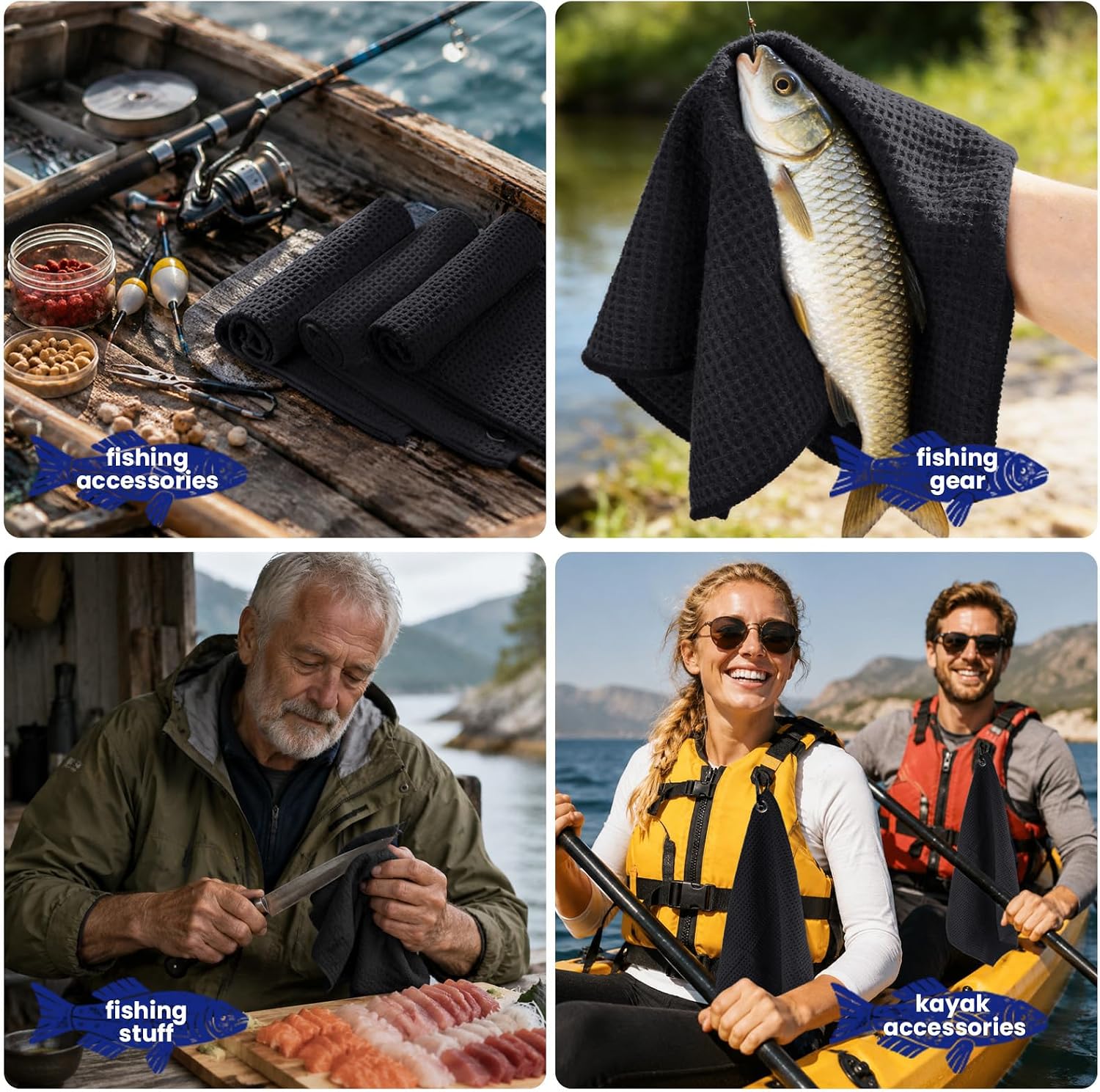 Puomue 3 Pack Microfiber Fishing Towels with Clip, 16" x 16", Waffle Pattern for Effective Cleaning of Fishing Gears or Dirty Hands, Perfect for Camping Towels and Hiking Towles (Black, 16"x16") image 4