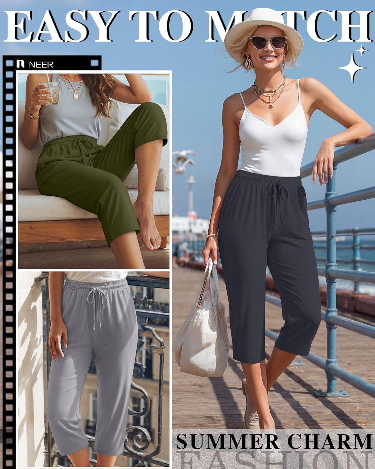 Neer 4 Pack Women's Capri Pants Wide Leg Yoga Capri Sweatpants Drawstring Summer Lounge Loose Fit Cropped Pants with Pockets - Image 2