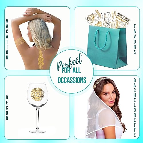 Miniatura 2 de Terra Tattoos Tatuajes temporales de Henna metálicos dorados, 75 diseños de elefantes, flores, mal de ojo y mucho más. Impermeable no tóxico de