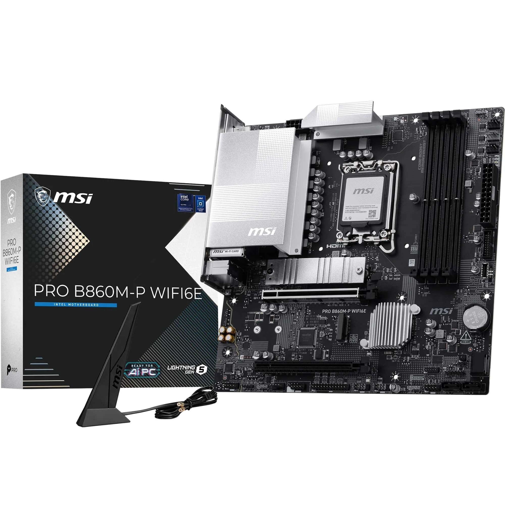 MSI PRO B860M-P WIFI6E Motherboard, mATX - Supports Intel Core Ultra Processors (Series 2), LGA 1851 - Direct 6 Phases, DDR5 Memory Boost (8800+ MT/s OC), PCIe 5.0 x16, M.2 Gen5, Wi-Fi 6E, 2.5G LAN