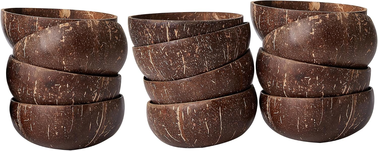 Natural Coconut Bowls, Polished Serving Bowls for Salad and Smoothie, Set of 12