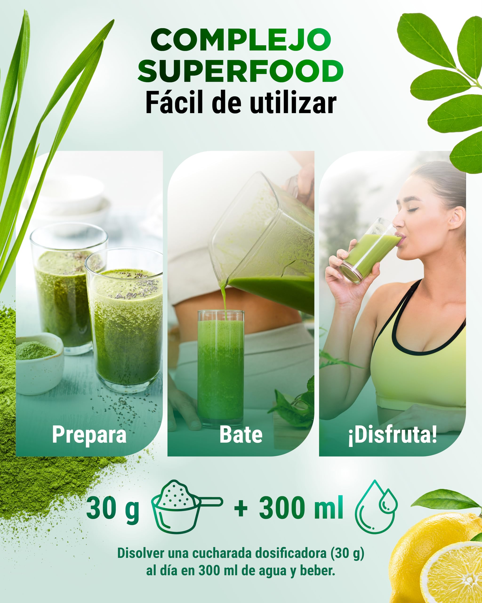 vit4ever Daily Greens & Fiber - Polvo 600 g - 16 g de Fibra - Limón