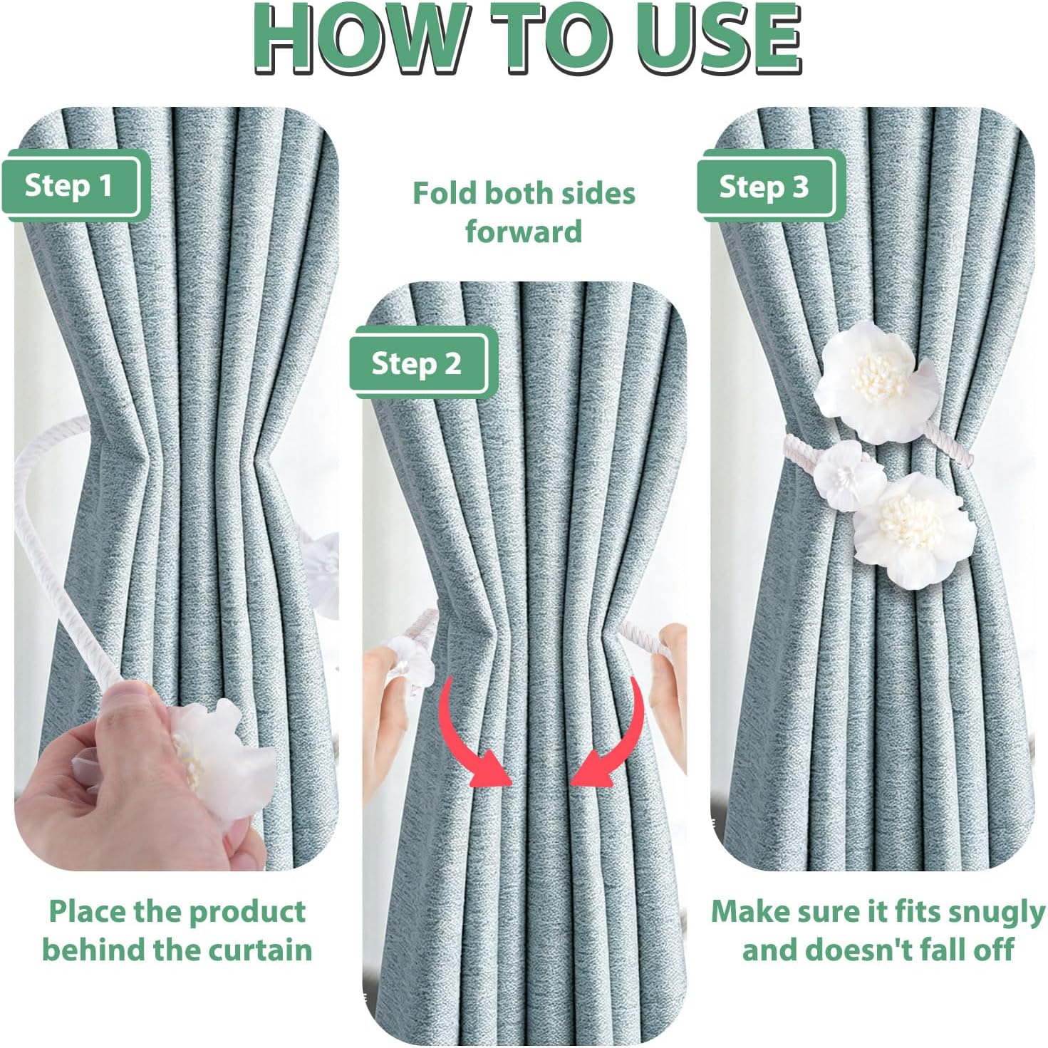 2 Pieces Artificial Flower Curtain Tiebacks, Elegant Curtain Holdbacks Holders, Flexible No Drill Drape Tie Backs Decorative Twist Rope for Home Living Room Window Treatment (White)
