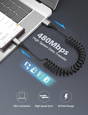 Coiled USB A to USB C Cable for Car, 2Pack 3FT Type C Car Charger Cord