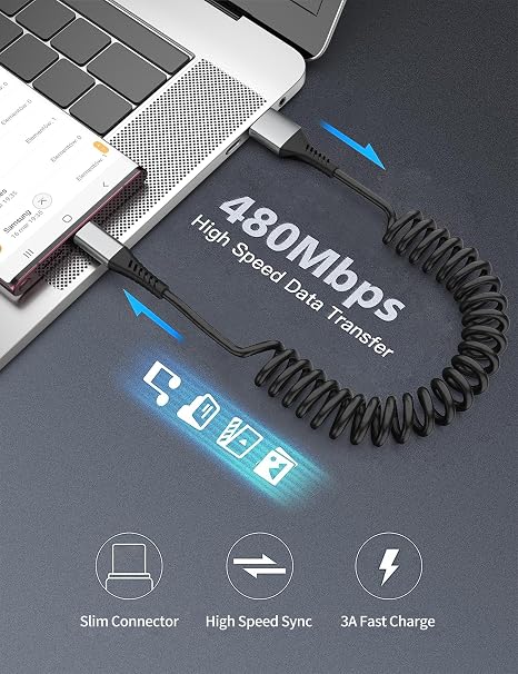 Coiled USB A to USB C Cable for Car, 2Pack 3FT Type C Car Charger Cord
