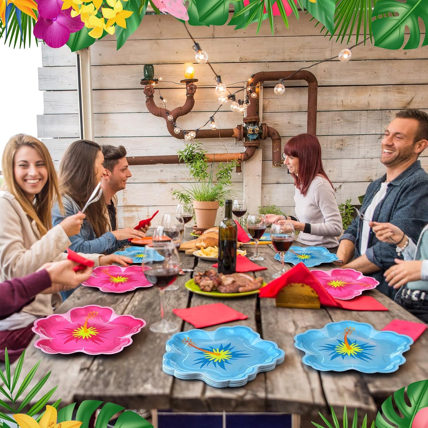 Zonon 50 Pcs Summer Hibiscus Flower Plates Hawaiian Luau Party Supplies Turtle Leaf Floral Tropical Plates Jungle Birthday Decoration for Food Snack Appetizer Lunch Dinner Dessert Tray Tableware