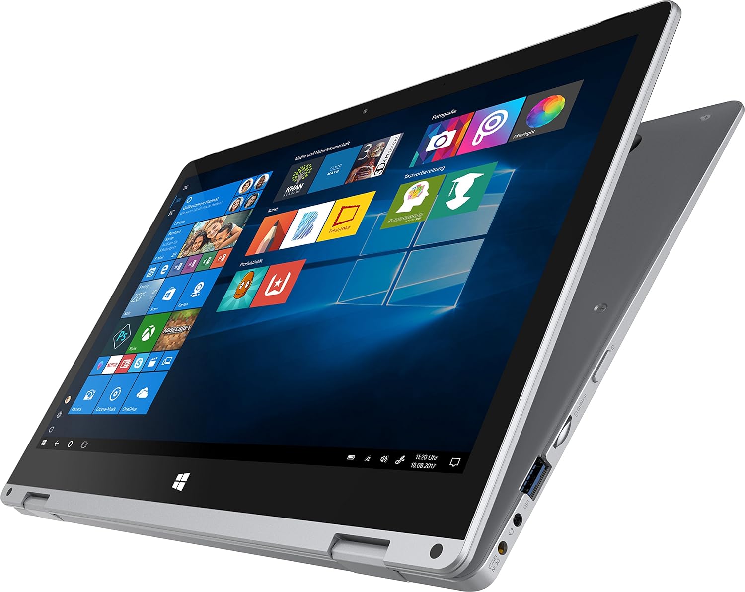 TREKSTOR PRIMEBOOK C13 in stand mode, showcasing the touchscreen functionality.