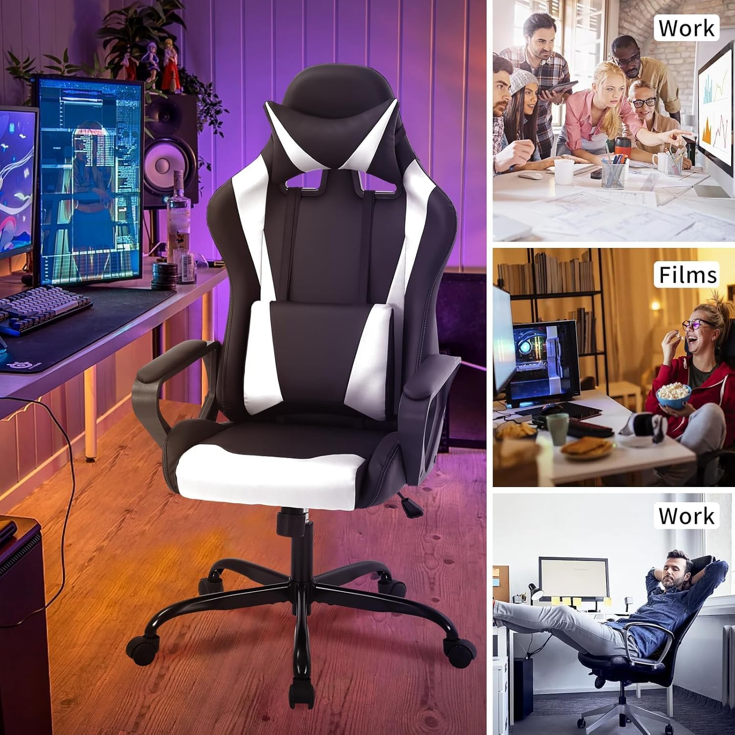 Modern Ergonomic Gaming Chair, Black, Lumbar Support, Flip Up Arms, Headrest, Heavy Duty, 250 lbs Weight Limit