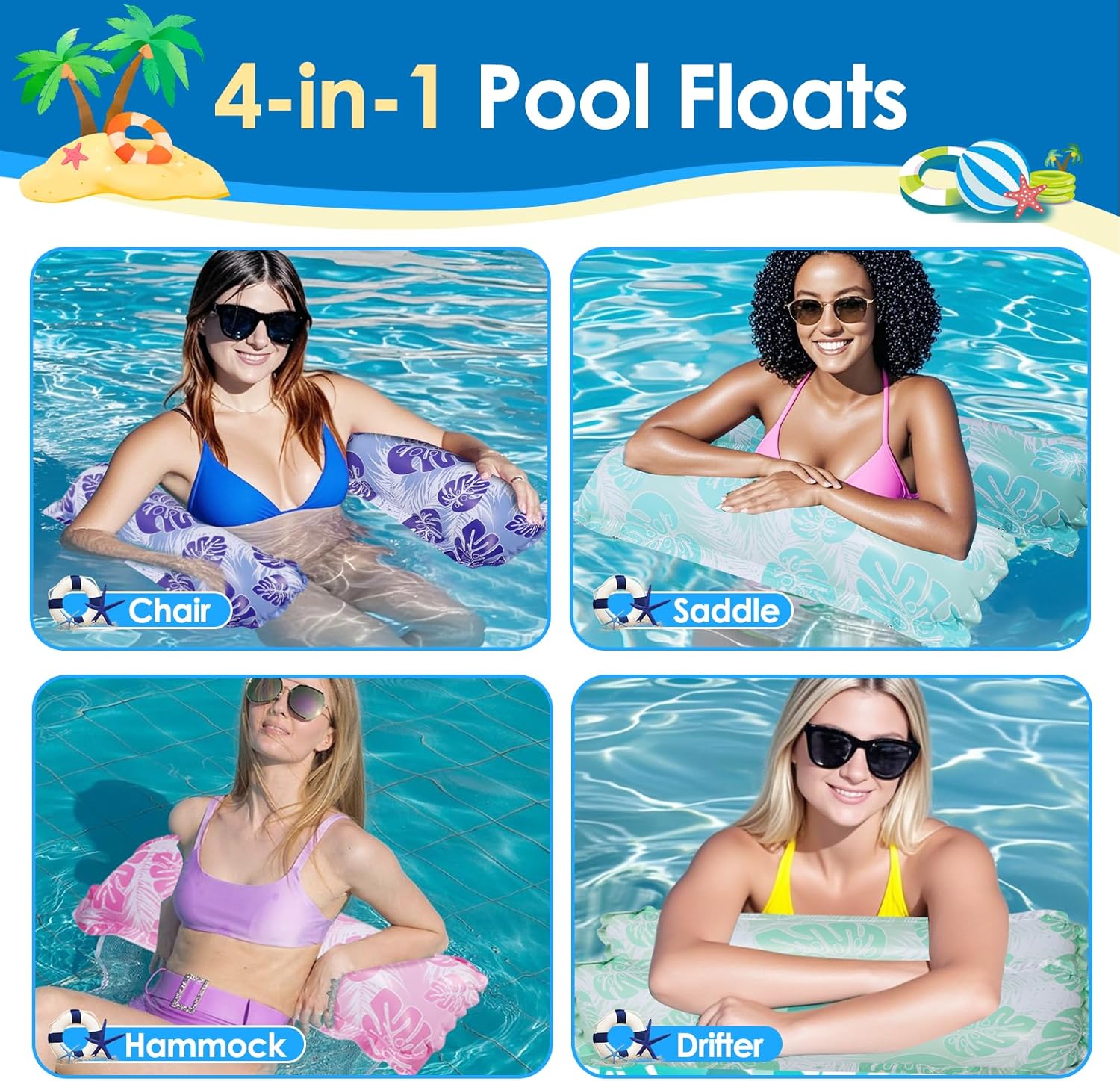 4PCS Inflatable Pool Hammock Floats 4-in-1 Multi-Purpose Water Hammock Floats for Adults, Travel Pool Float for Swimming Pool Adults Vacation