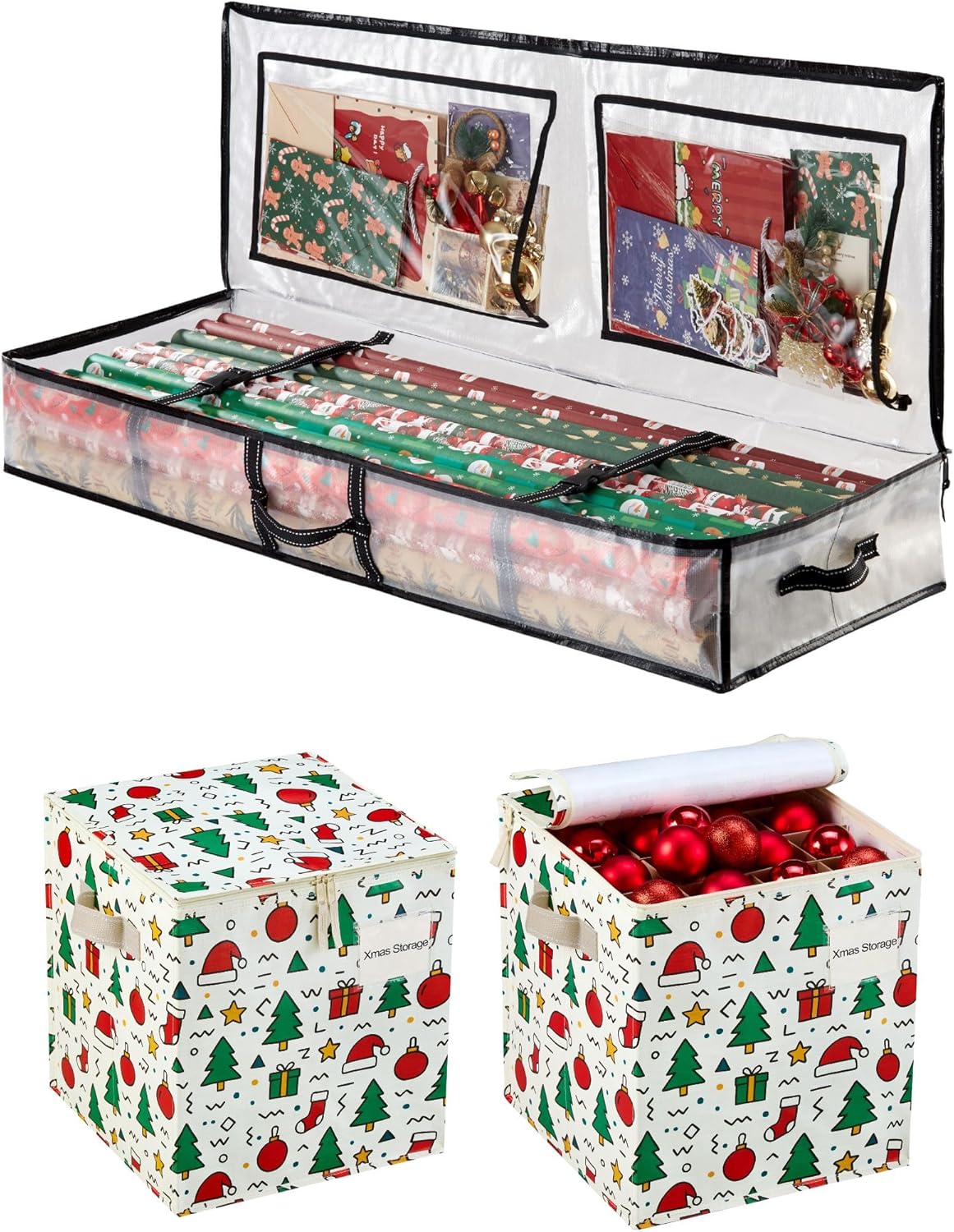 VENO 3 Pack Christmas Decoration, Wrapping Paper Storage Bags (1 Pack Gift Wrapping Paper Storage + 2 Pack Ornament Storage Bags)