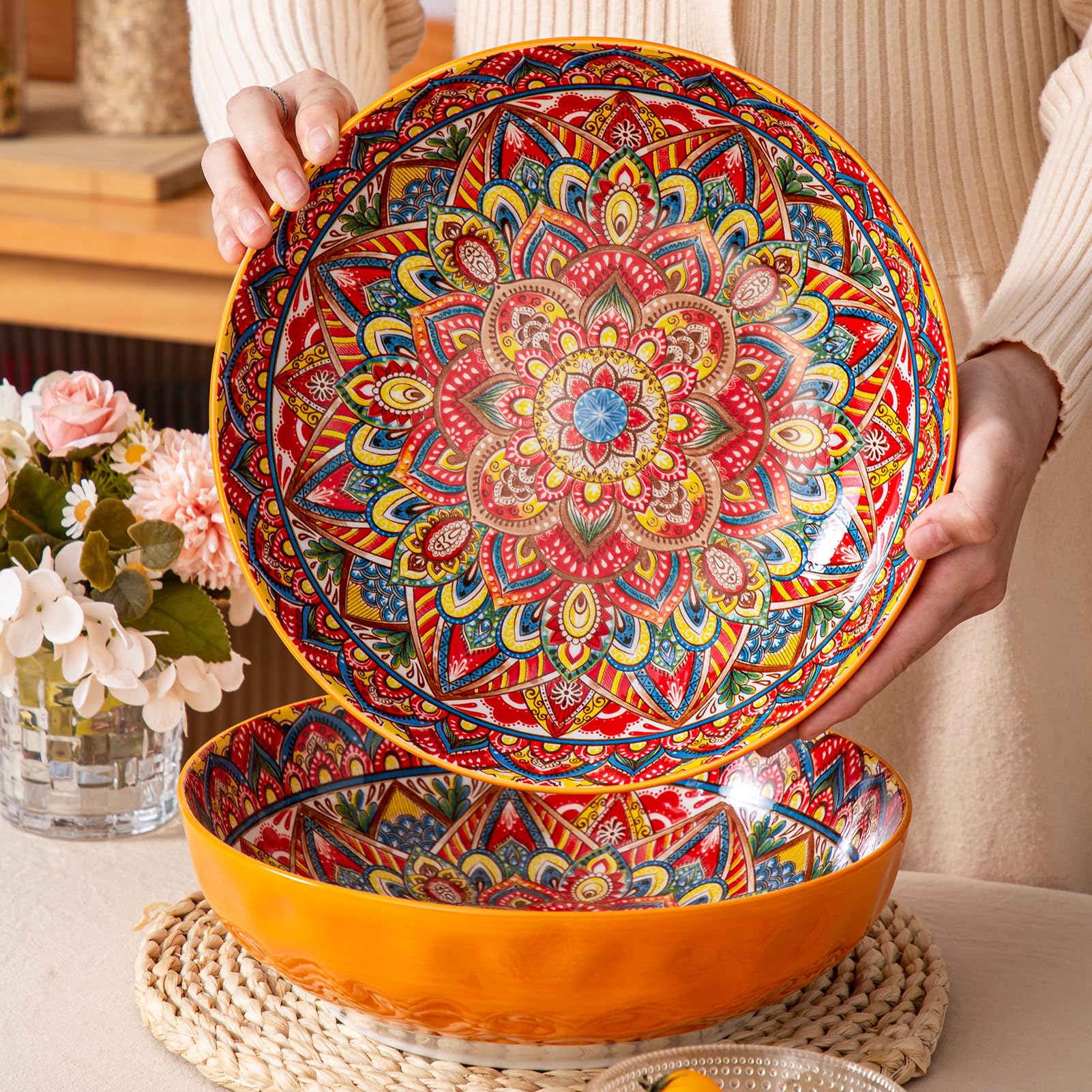 DOWAN Grands Plats De Service De 29,2 Cm, Plateau De Dinde De 2,9 L Pour Divertissement, Thanksgiving Et Noël, Assiettes De Service En Céramique Pour Salade De Fruits, Pâtes, Grands Bols Aux