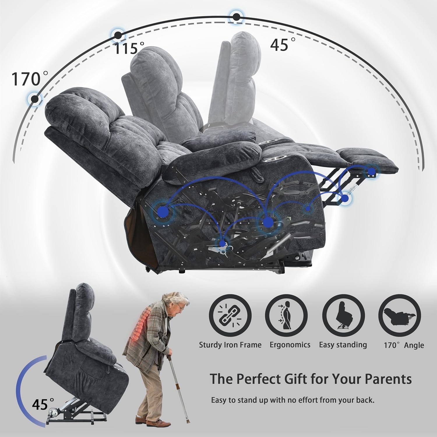 Power Lift Recliner Chair: Electronic Recliner Chair with Heat and Massage for Big and Tall Elderly, 2 Cup Holder, Lay Flat to 170 Single OKIN Motor - 9688 (X-Large, Granite Black)