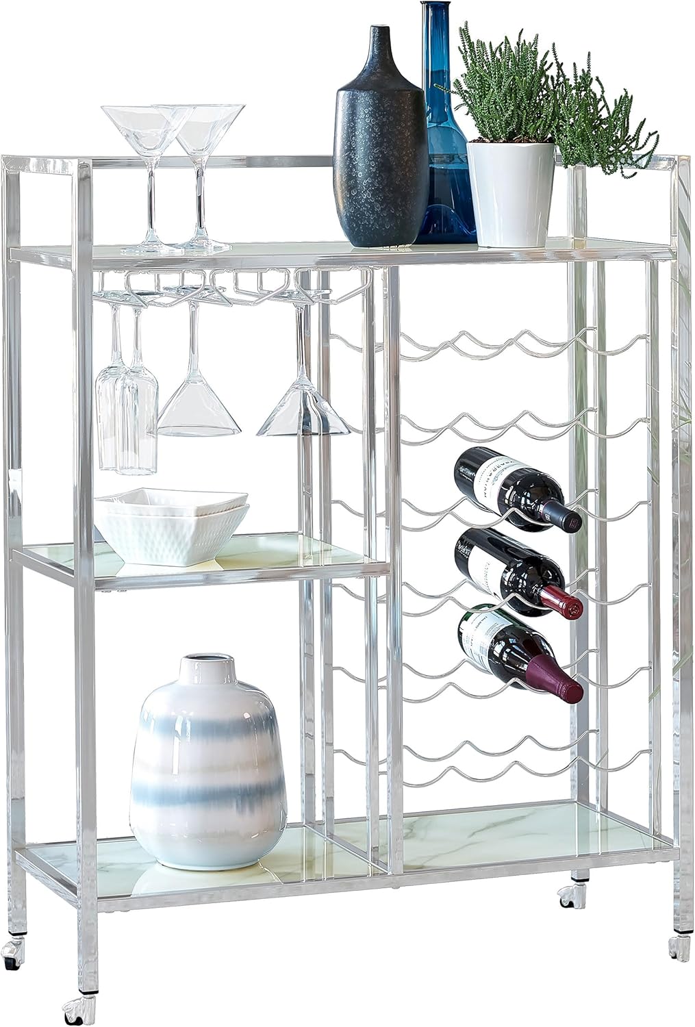 Coaster Home Furnishings - Derion - 3-Tier Metal & Glass Bar Cart with Wheels - Wine Rack, Stemware Rack Shelf - Patterned Glass Shelves - Contemporary - Dining Room and Kitchen - Chrome - 181370