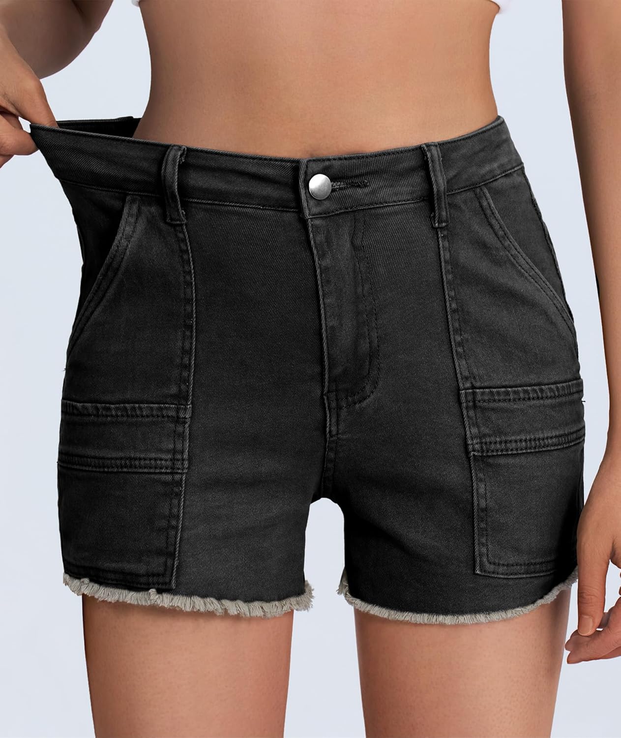 2025 Women's Stretchy Cargo Denim Shorts Mid Rise Jean Shorts Raw Hem Jorts with Pockets Short Jeans 3.5" Inseam - Image 5