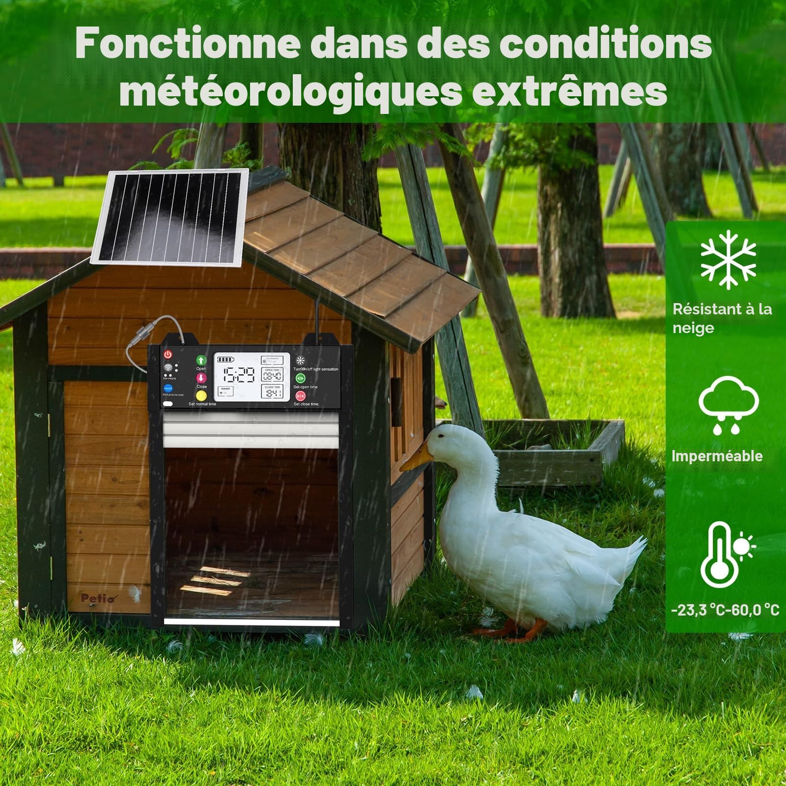 Porte De Poulailler Automatique, Solaire, Contrôle Via Appli WiFi | État Ouvert/Fermé Visible Dans L’Appli; Batterie 4000 mAh, Capteur De Lumière, Minuterie, Porte Enroulable Anti-Pincement