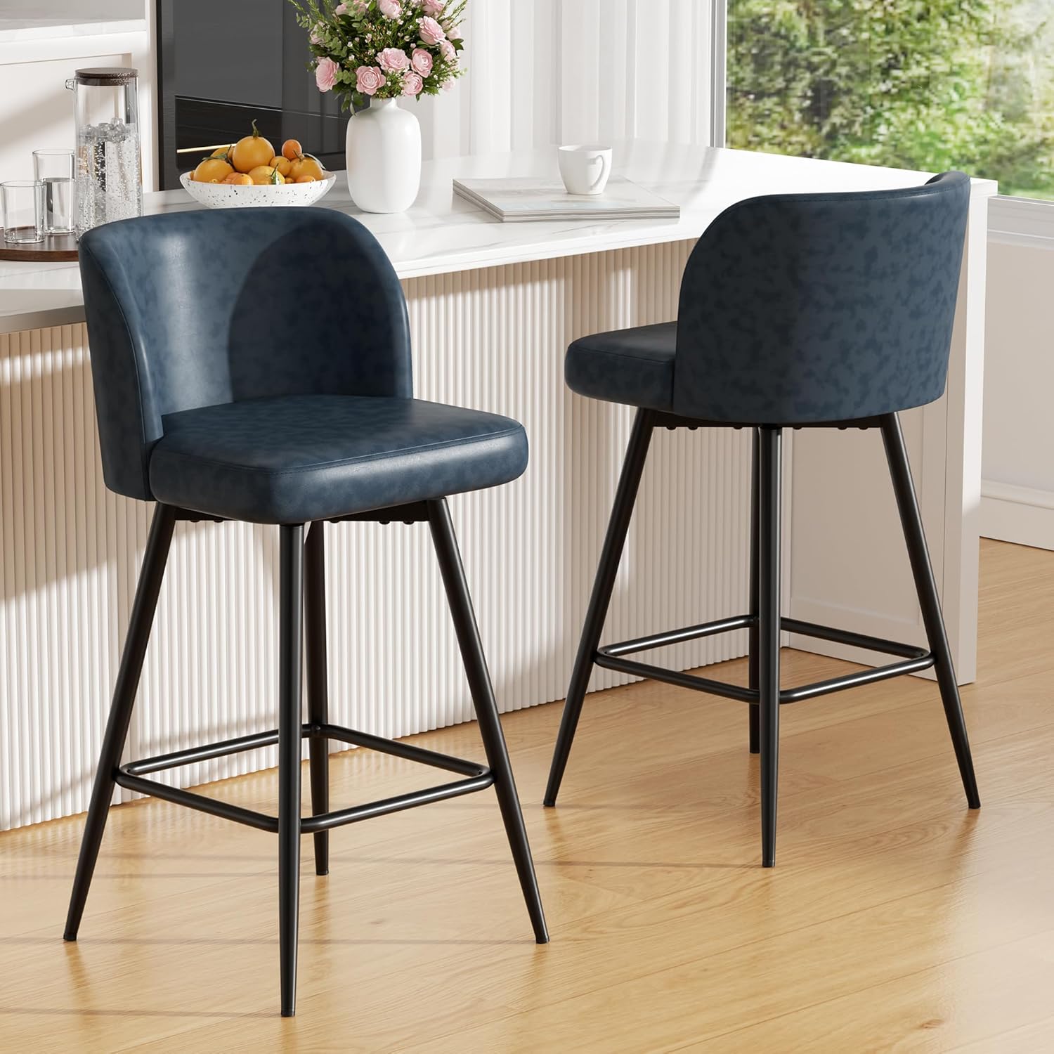 Swivel Bar Stools Set of 2, 26" Counter Height Bar Stools with High Back and Metal Legs, Faux Leather Bar Chairs, Modern Barstools for Kitchen Island, Dark Blue