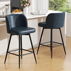 Swivel Bar Stools Set of 2, 26" Counter Height Bar Stools with High Back and Metal Legs, Faux Leather Bar Chairs, Modern Barstools for Kitchen Island, Dark Blue