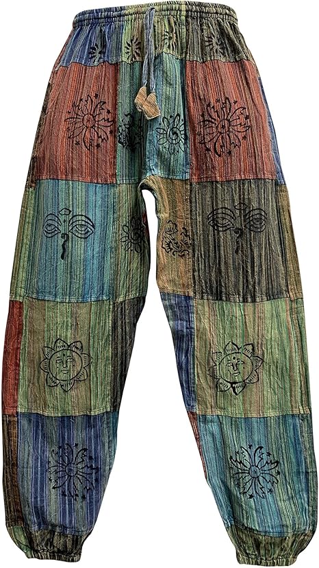 Mens Stonewashed Cotton Bohemian Vintage Yoga Ethnic Print Patchwork Harem Pants #2 main image 1