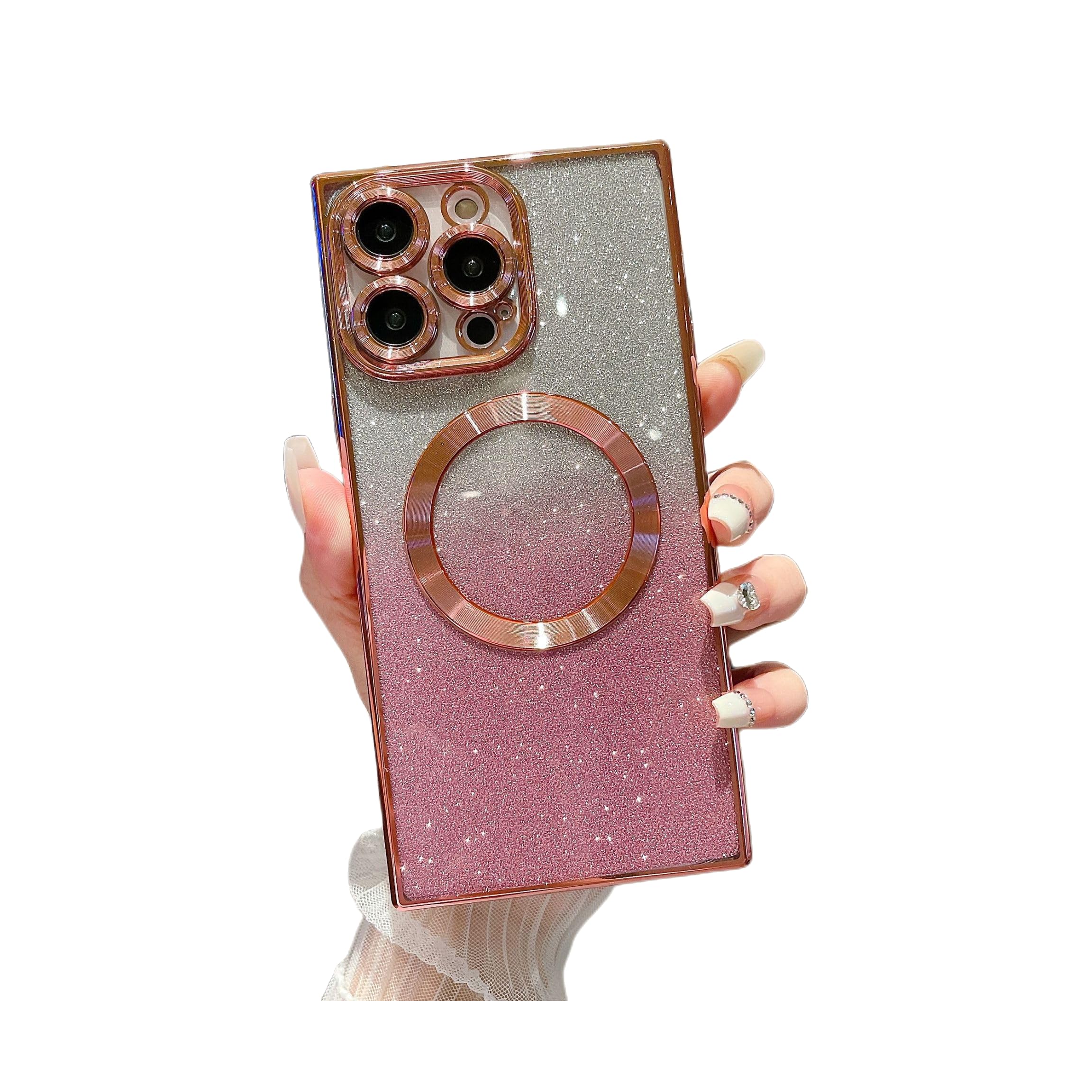 Gukalong Square Case for iPhone 14 Pro Max (Compatible with MagSafe) Built-in Camera Protector Shockproof Protection Anti-Scratch Wireless Charging Glitter Case for iPhone 14 Pro Max 6.7 Inch - Pink