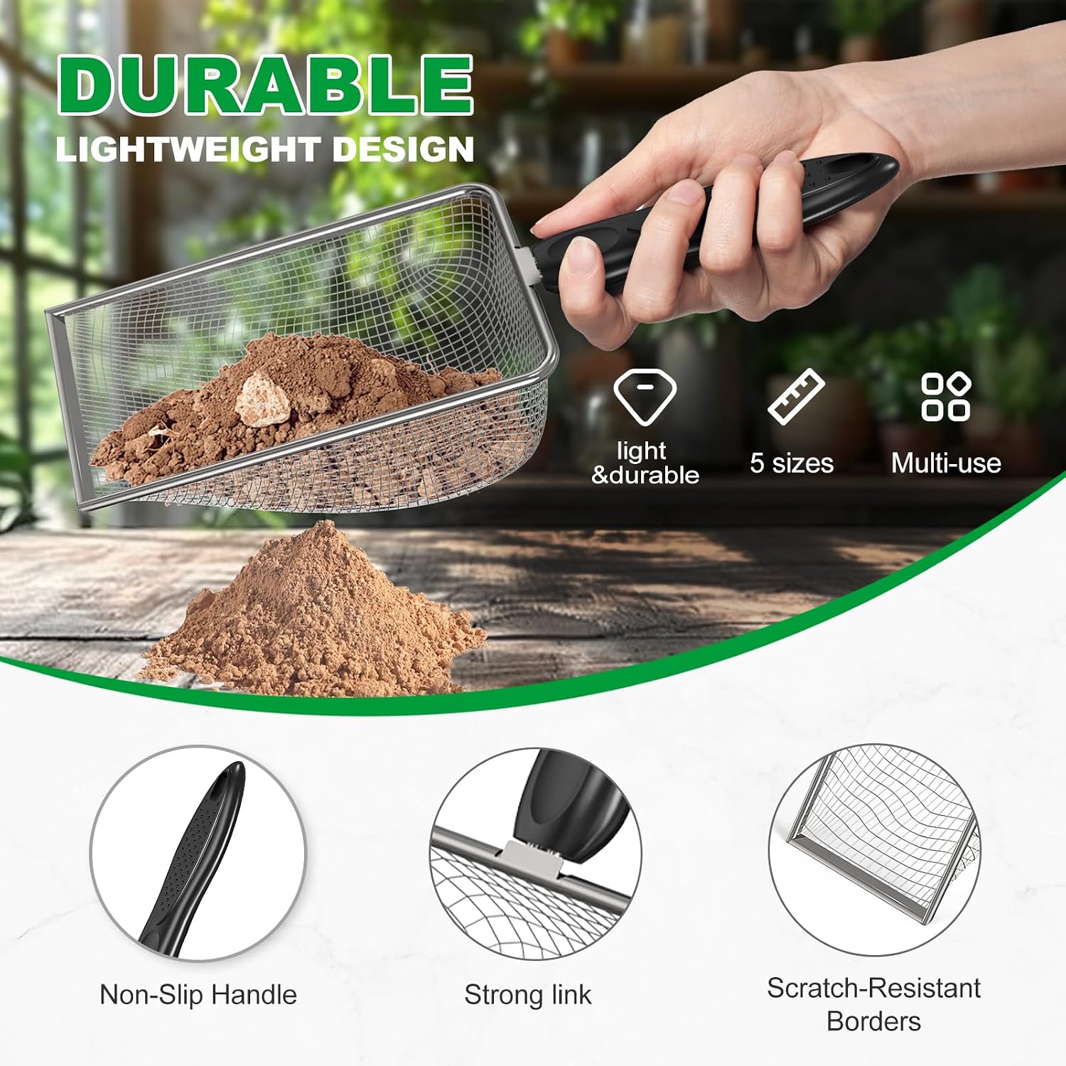 5pcs Soil Sifter Set for Gardening – Includes 2mm/2.8mm/3.8mm/4.3mm/5mm Garden Sifter for Soil, Handheld Compost Sifter for Dirt，Rocks, Heavy-Duty Shovel for Soil, Compost Sifting