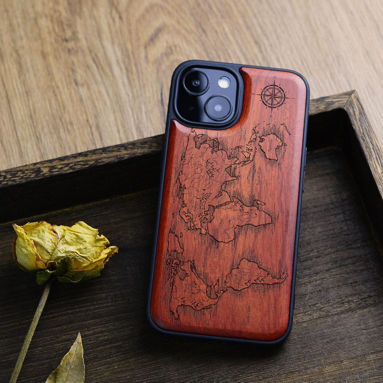 Carveit Magnetic Wood Case for iPhone 13 Mini Case [Natural Wood & Black Soft TPU] Unique & Classy Wooden Shockproof Protective Cover Compatible with magsafe (Compass Maps -Rosy)