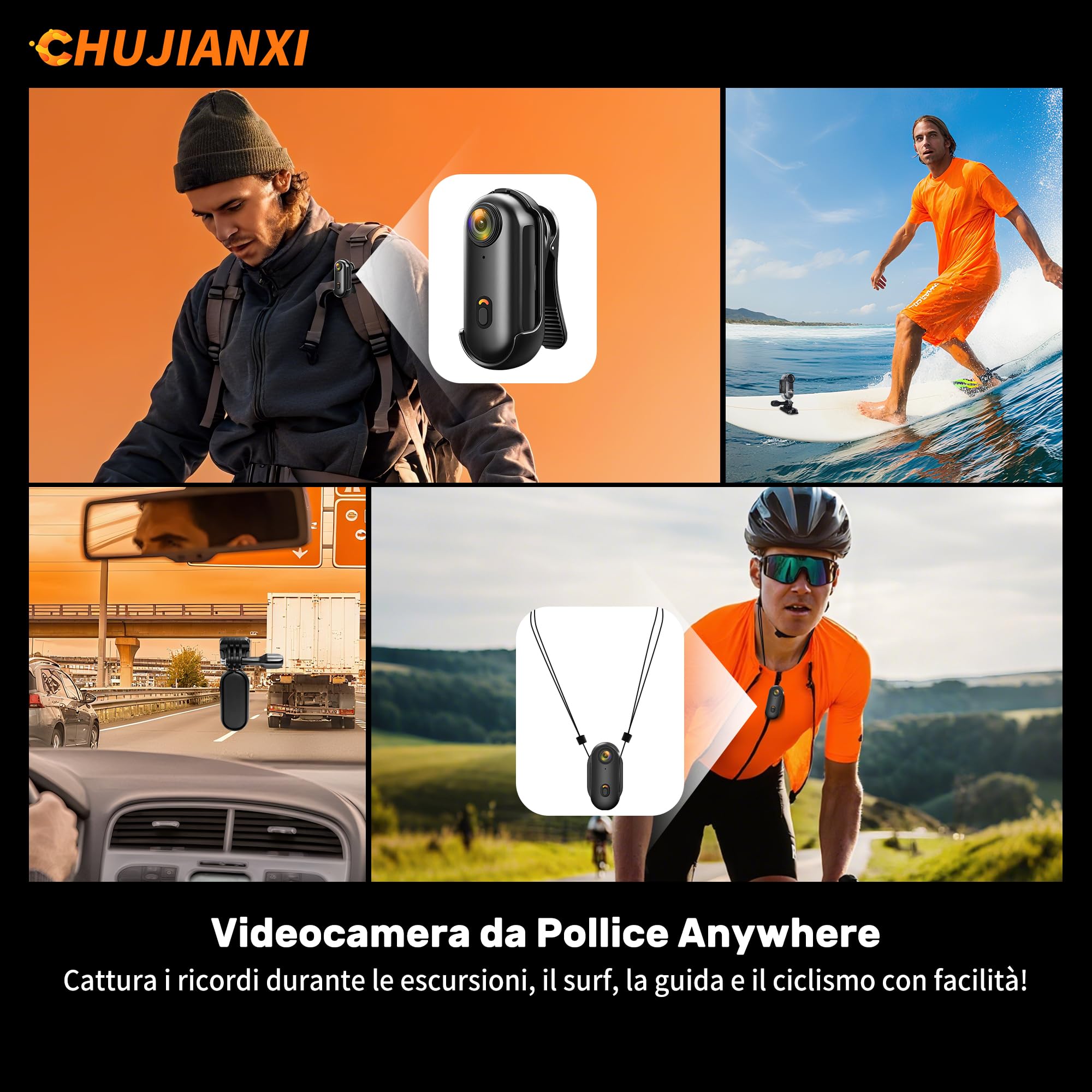 Mini Action Cam WiFi, Indossabile Body Cam 1080P, Thumb Bodycam Telecamera Casco, Fotocamera Subacquea Piccola, Controllo Delle APP, Videocamera da Pollice e Accessori Fotocamera