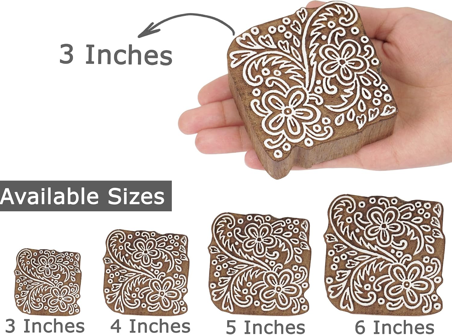 Textile Printing Block Asian Floral Motif Hand Carved Wooden Stamp Wood Block Printing Textile Stamps for Fabric/Pottery Blocks,6 Inch-RTY