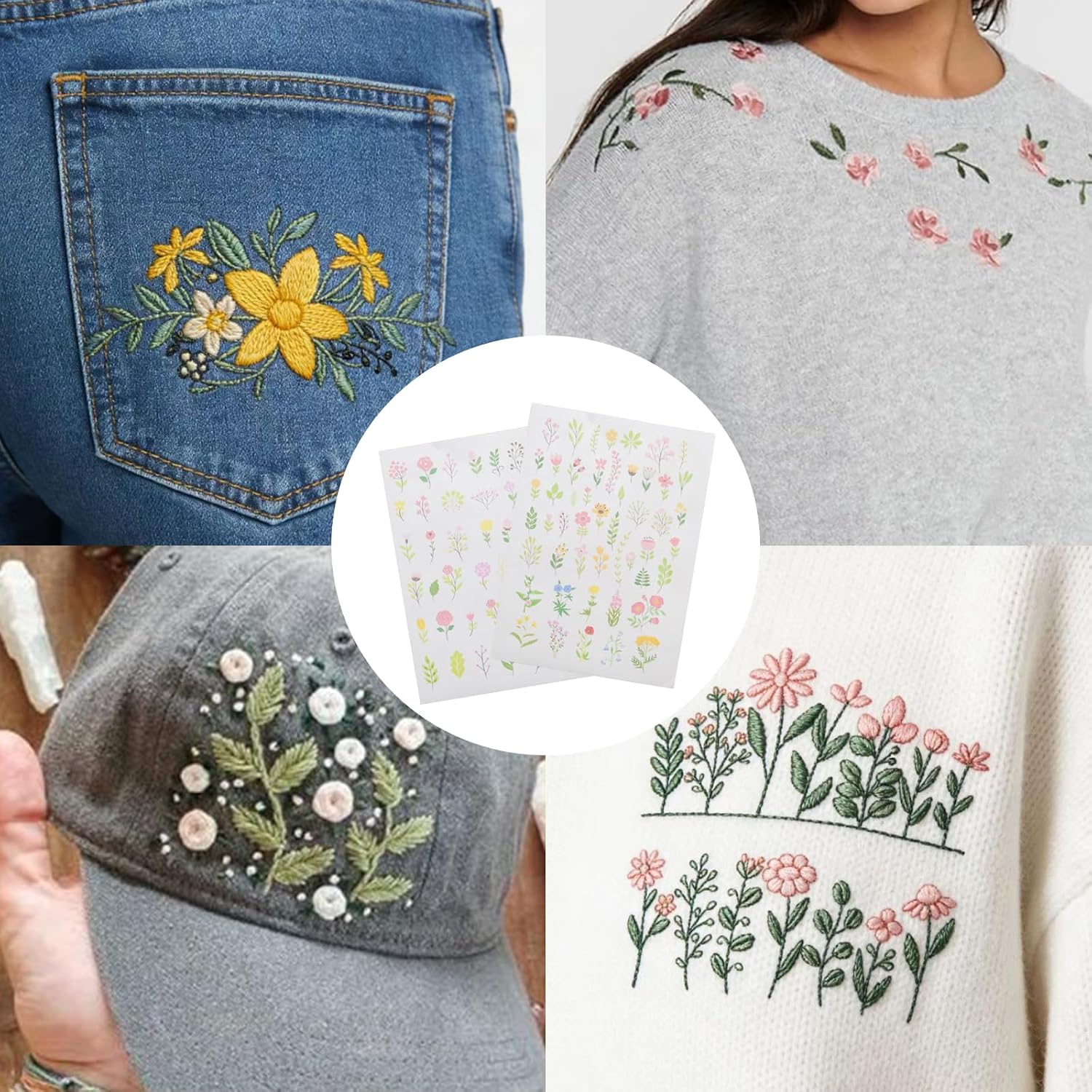 Pine & Linen 2pcs A4 Water Soluble Stabilizer,Adhesive Stick and Stitch Embroidery Paper Pre-Printed,Pattern Transfer Paper for Hand Sewing Lovers/Embroidery Enthusiasts(Colorful Flower)