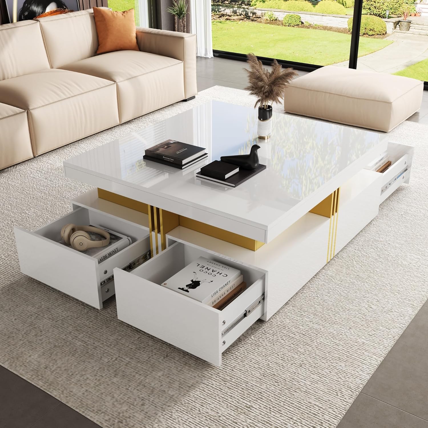 43.3'' Modern Glossy Square Storage Coffee Table with 4 Drawers, White